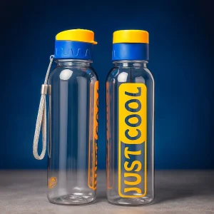 just cool transparent water bottle with strap | bpa free leak proof plastic water bottle for gym, school, office, travel, sports, hiking, daily hydration use reusable lightweight durable stylish design