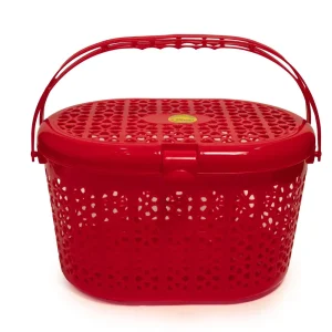 plastic carry storage basket with lid & handle – red